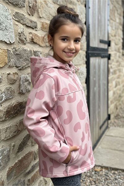 DOFİ Kız Çocuk Pembe Desenli Kapüşonlu Softshell Mont
