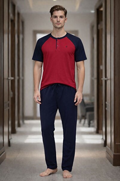 DEEPSENCE Set de pijamale pentru bărbați, burgundy, cu mânecă scurtă, din bum...