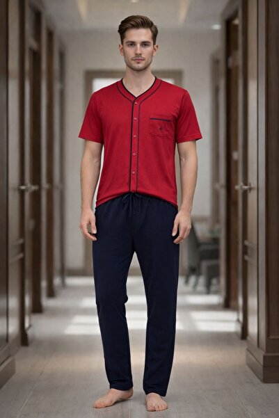 DEEPSENCE Set de pijamale pentru bărbați, 100% bumbac, roșu claret, cu nasturi