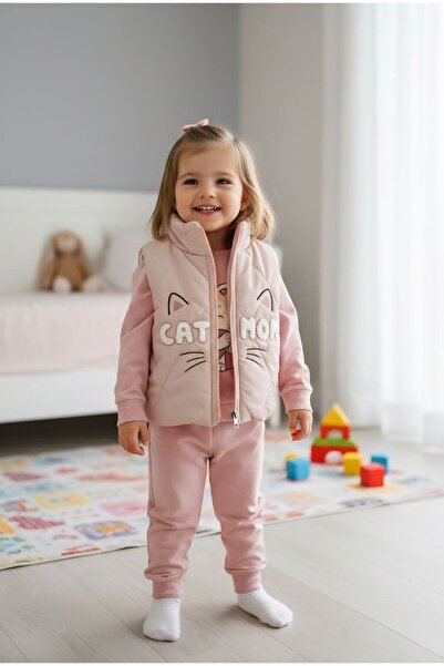 Kız Bebek Cat Mom Nakışlı Şişme Yelekli 3’lü Takım – Sweatshirt ve Eşofman Altı