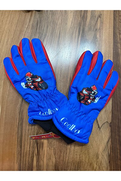 Blotch Motorcycle Patterned Blue Color Lined Boys' Ski and Snow Gloves for Ag...