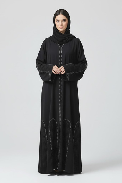 Muchmy Premium Black Abaya With Rhinestone Embroidery V-neck Long Sleeve Musl...