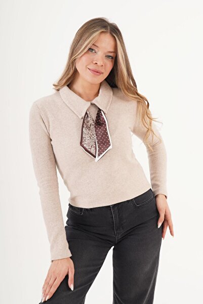 MODA Stone Color Collar Scarf Blouse