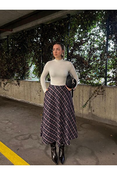 FİOXCO Women's Flared Plaid Pattern Lumberjack Fabric Long Skirt