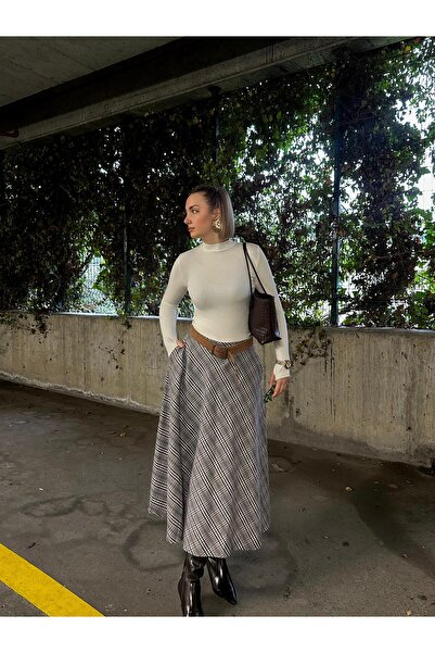 FİOXCO Women's Flared Plaid Pattern Lumberjack Fabric Long Skirt