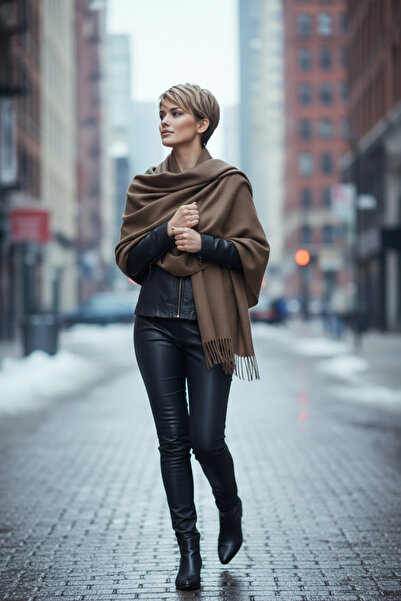 Gül İpek Moda Kadın Kışlık Şal Atkı Yumuşak Dokulu Püskülü Kahverengi