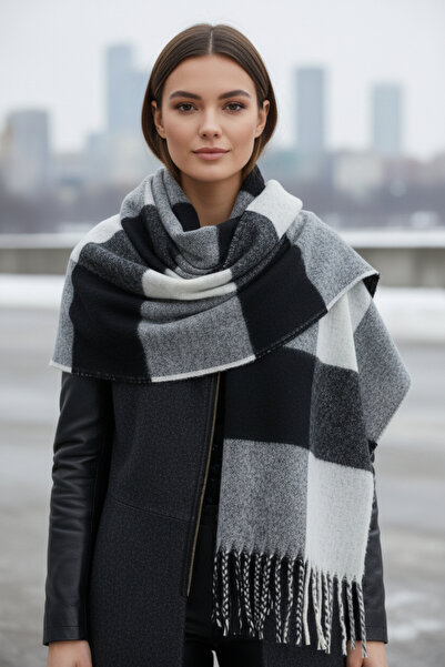 Gül İpek Moda Kadın Kışlık Şal Atkı Yumuşak Dokulu Püskülü Siyah Beyaz