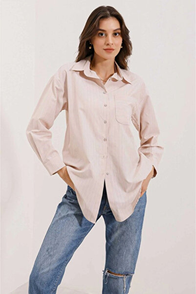 nedo7 20217 Pocket Detailed Striped Oversize Shirt - Beige