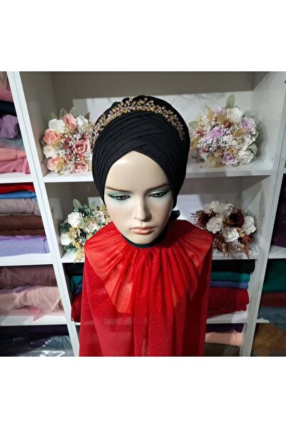 semahazırduvak siyah simsiz böne model aksesuarlı hazır türban hazır şal abiy...