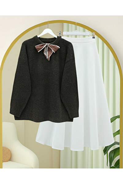 Modamorfo Soft Knit Sweater with Scarf Detail on the Collar - K. Brown