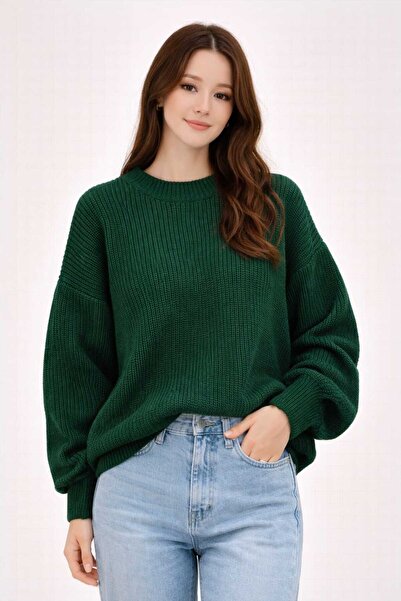 UZÇE MODA Green Color Crew Neck Oversized Women's Knitwear Sweater