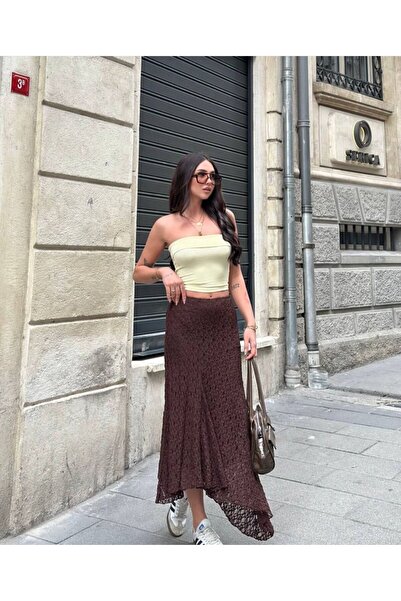 mooishan Asymmetrical Cut High Waist Lace Flared Skirt