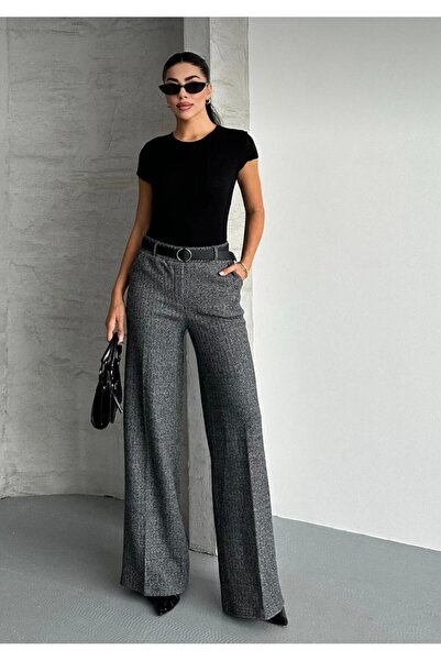 NEŞEM STİLL Kadın Kışlık Gri Zigzag Kemerli Pantolon