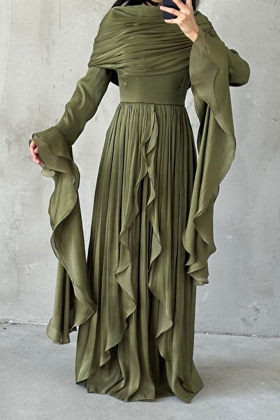 Modamorfo Strapless Flounced Draped Silky Organza Evening Dress -Khaki