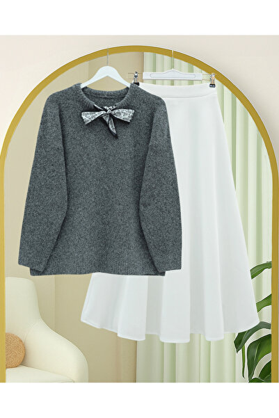 Modamorfo Soft Knit Sweater with Scarf Detail on the Collar - Smoked