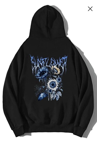 LELVANİ Women's Blue Flower Visual Printed Black Sweatshirt