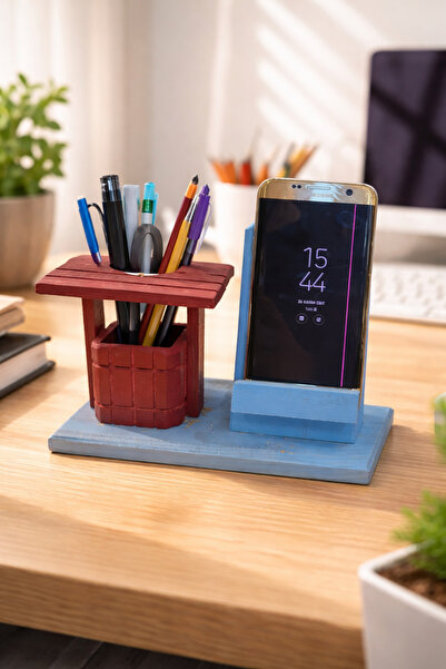 seymenbıçakçılık Wooden Phone Holder and Pen Holder – Desktop Organizer 2 in 1