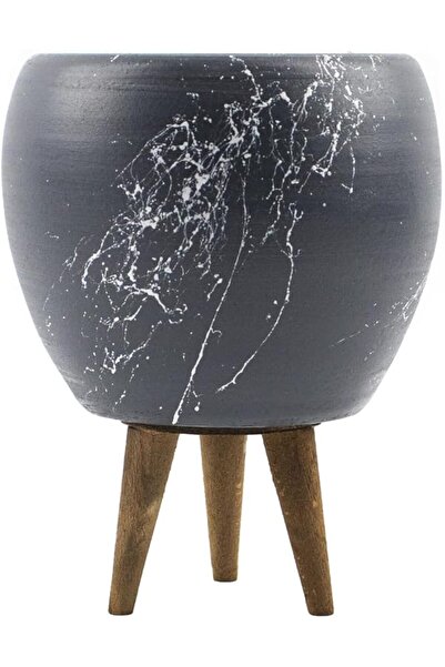 SilaSeren Store MERMER EFEKTLİ GRİ ÜZERİ BEYAZ TOPRAK SAKSI 3 AYAKLI-15 CM