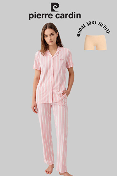 Pierre Cardin Γυναικείο σετ πιτζάμες σε ροζ ρίγες με κόμπο στο μπροστινό μέρο...