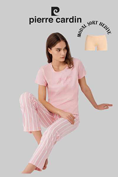Pierre Cardin Γυναικείο σετ πιτζάμες με ροζ φαρδύ γιακά και λεπτομέρεια στην ...
