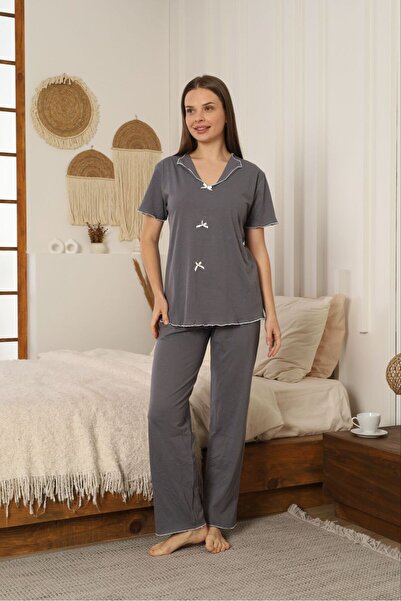 PİJART Anthracite Bow/Ribbon Detailed Cotton Women's Pajama Set