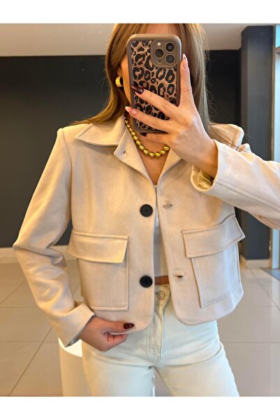 Ecenin Favorileri Stone Colored Nubuck Short Women's Jacket with Flap Pockets