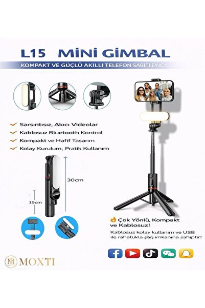 Moxti L15 Gimbal Profesyonel Gimbal Fotoğraf Çekimi Ledli Özgün Çekim