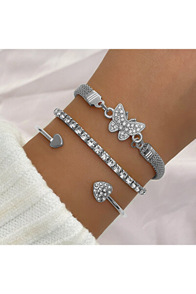 Kracer Set of 3 Silver Bracelets with Zirconia Stones, Stainless Steel