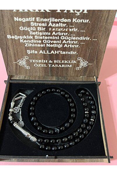 GÜLNAR BİJUTERİ Agate Stone Prayer Beads & Bracelet Set Special Design Black