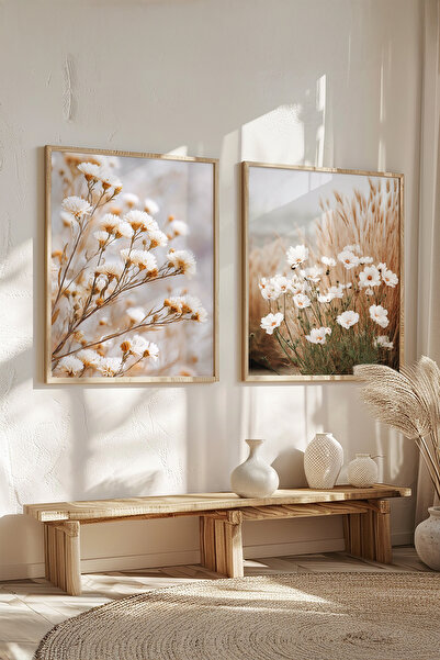 STARYUNA White Flowers and Wheat Field Double Painting Set with Wooden Frame ...