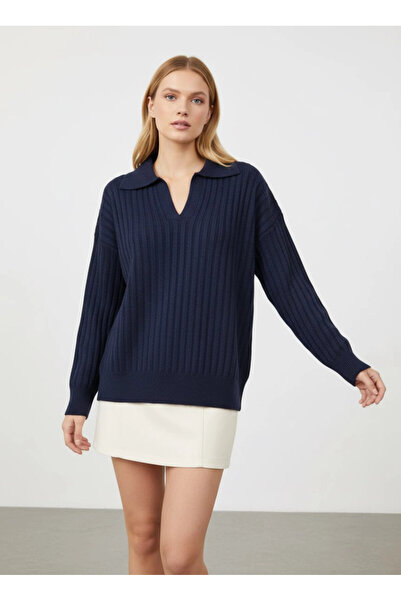 Cool & Sexy Women's Polo Neck Corded Fabric Knitwear Sweater Navy Blue