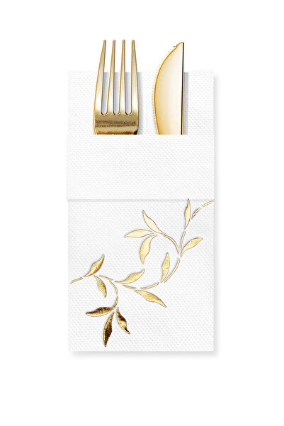 Story 40x40 cm Altın Varak Yapraklar Desenli 16'lı Cepli Beyaz Renkli Kağıt P...