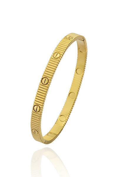 Cosmia Shine Kadın Gold Kararmaz Çelik Tırtıklı Vidalı Model Lüks Kelepçe Bil...