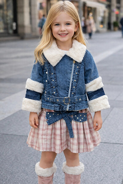 Kidmark Çocuk Modası Girl's Skirted Denim Jacket 3-Piece Bottom-Top Set
