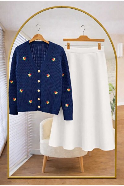 MODA VEDAT Women's Floral Embroidered Knit Cardigan - Scuba Skirt Set
