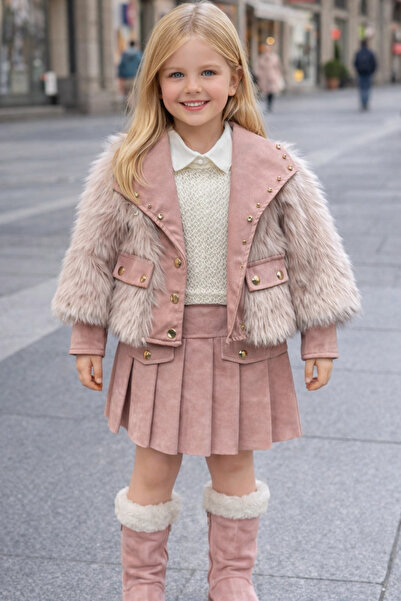 Kidmark Çocuk Modası Girl's Fur Coat with Skirt Pink 3-Piece Set