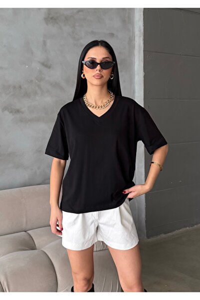 BEJNA Women's V-Neck Collar Oversized 100% Cotton Basic T-Shirt