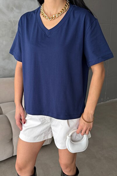 BEJNA Women's V-Neck Collar Oversized 100% Cotton Basic T-Shirt