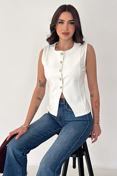 Noa&Noa Women's Gold Button Detailed Sleeveless Blouse – Button Edge