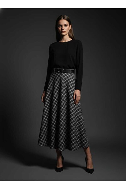 MİHRİZAR Premium Quality Plaid Women's Skirt with Belt Detail