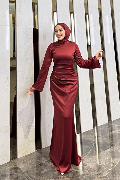 Tarzım Tuba Eftal Zara Saten Kumaş Drapeli Bordo Tesettür Abiye Elbise