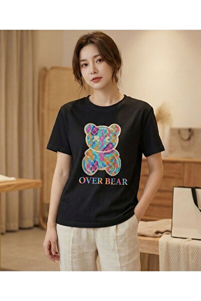 LELVANİ Women's Colorful Teddy Bear Printed White/Black T-Shirt