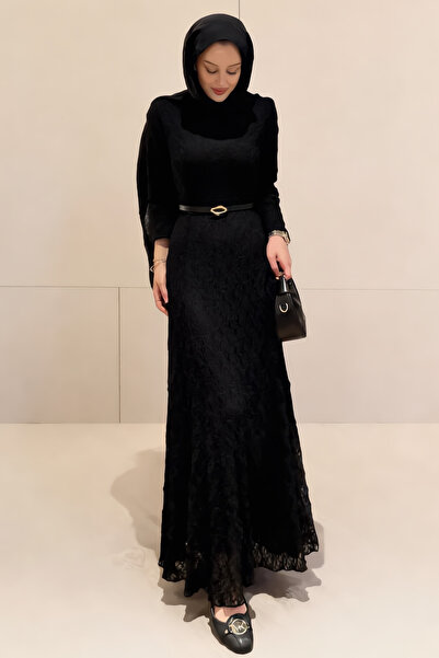 Asya Karen Lace Lined Belted Long Dress