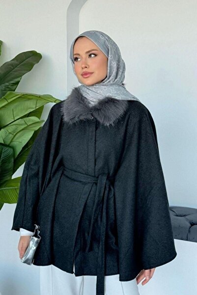 Şulemoda Giyim Fur Collar Poncho Smoked