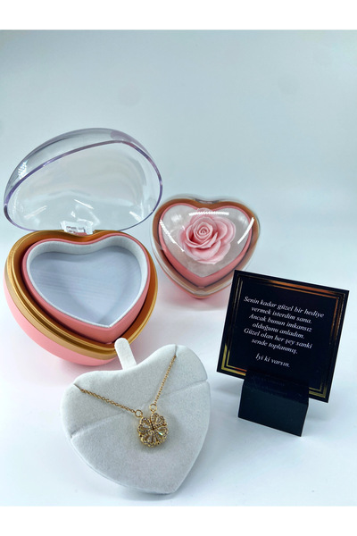 aromahediye Openable Clover Necklace in a Heart-Shaped Box with Pink Roses fo...