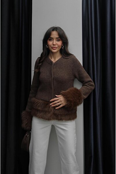 Havoş سترة كارديجان بأكمام بنية وستة ألوان فرو