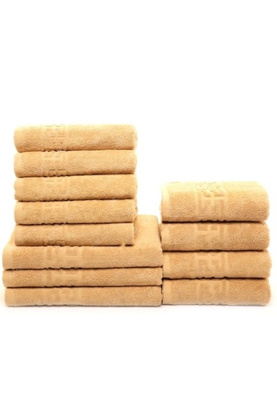 Plush Set of 12 Towels for Hands/Face/Body, 100% Cotton, 550 g/m², Cappuccino