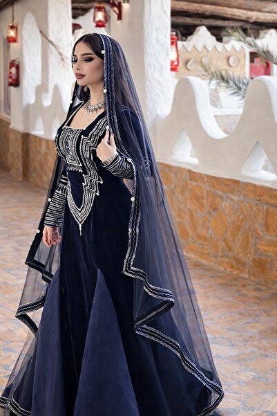 tsuwahen A luxurious navy blue Asiri dress with elegant traditional embroider...