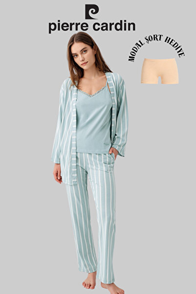 Pierre Cardin Γυναικεία ριγέ ρόμπα σε χρώμα μέντας, σετ πιτζάμες 3 τεμαχίων (...