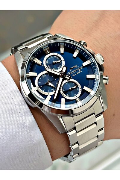 Slazenger Functional Silver-Navy Blue 10 Atm Water Resistance Steel Case Men'...